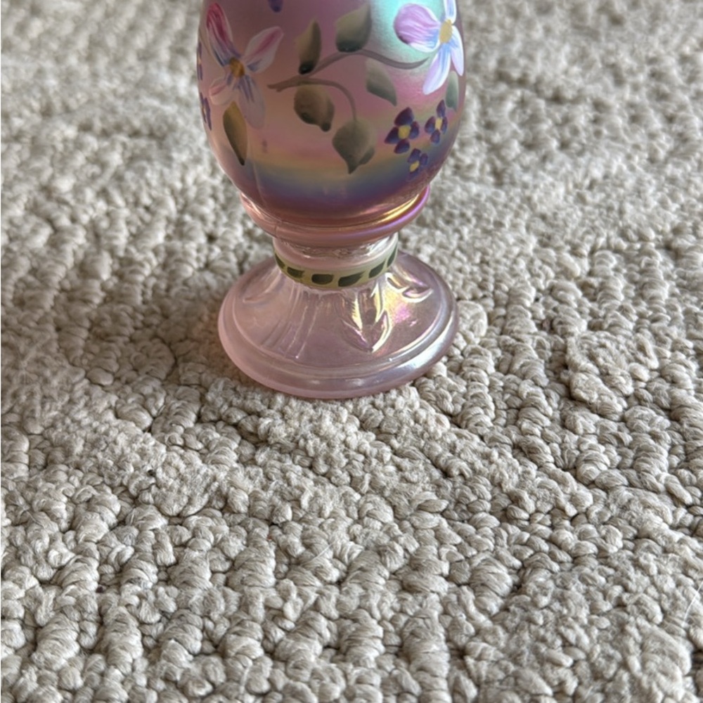 Fenton hand painted pink OPALESCENT art glass egg with floral decoration